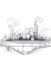 Fototapeta premium Industrial activity in urban landscape factory emissions illustration viewpoint pollution awareness concept