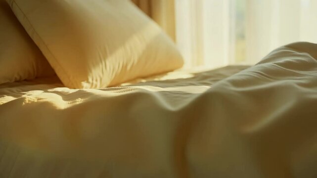 closeup of comfort double bed with beige pillows and blanket, sun beams and shadows in cozy bedroom. interior design, home decoration