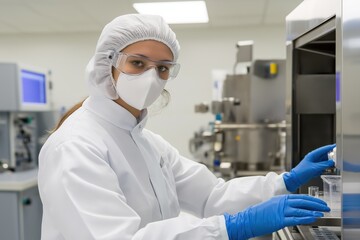 Female scientist in protective gear working in pharmaceutical lab