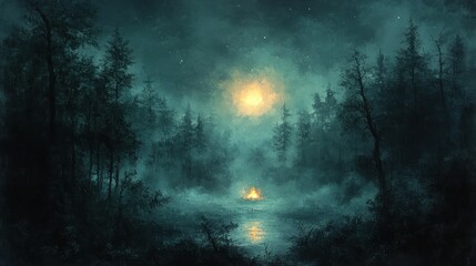 Obraz premium Misty forest night scene with campfire