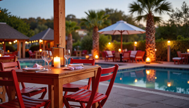 Cozy alfresco dining area by poolside in evening light, relaxed atmosphere
