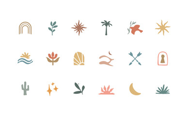 Fototapeta premium Boho icon set. Abstract celestial and natural design elements, perfect for web, cover stories, printing, tattoes and posts. Isolated vector symbols.