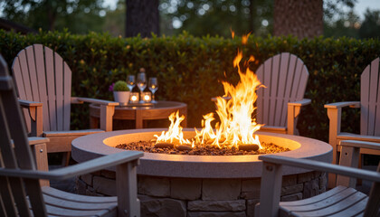 Cozy fire pit ambiance with bistro chairs in evening setting, warmth
