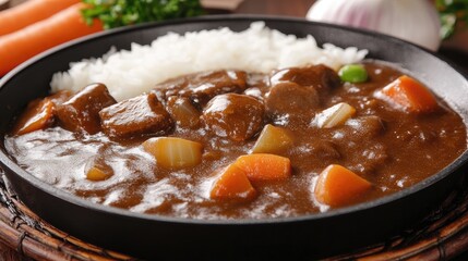 A sizzling hot skillet filled with rich Japanese curry sauce, surrounded by fresh ingredients like onions, carrots, and garlic