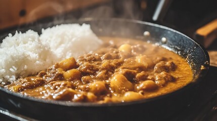 A sizzling iron skillet of Japanese curry bubbling gently, fresh out of the oven, with a side of fluffy rice