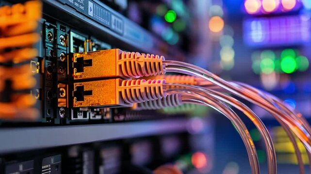 Close-up of Network Cables and Connections in a Server Room with Colorful LED Lights Creating a High-Tech Atmosphere for IT Professionals and Technology Enthusiasts