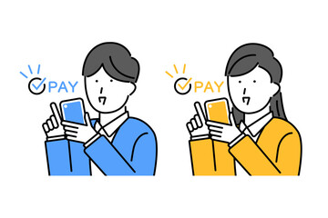 スマホで支払いを行う若い男性と女性のイラスト