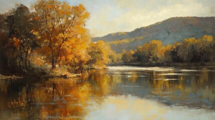 Fototapeta premium A slow-moving river reflecting the golden glow of autumn trees on a calm afternoon