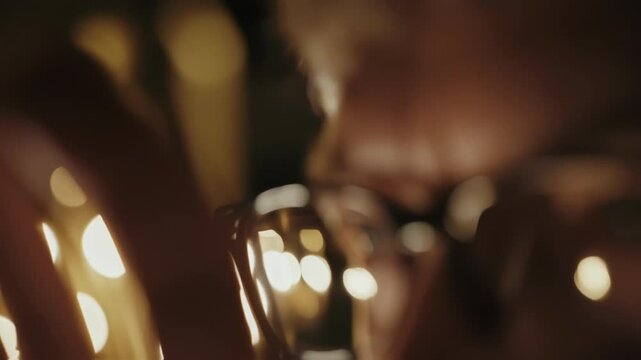 Close up of a politician wearing glasses, with the lights of the parliament hall reflecting in them, creating a sense of contemplation and political strategy
