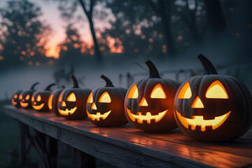 Halloween jack o lantern pumpkins decoration lantern glowing at dusk on wooden surface with spooky mist foggy fear scary misterous forest with sunset twilight sky background landscape in october fest