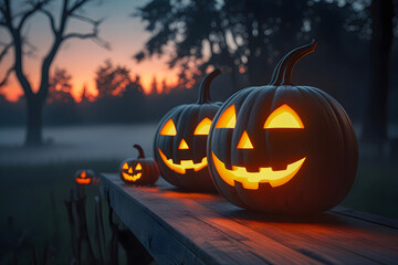 Halloween jack o lantern pumpkins decoration lantern glowing at dusk on wooden surface with spooky mist foggy fear scary misterous forest with sunset twilight sky background landscape in october fest
