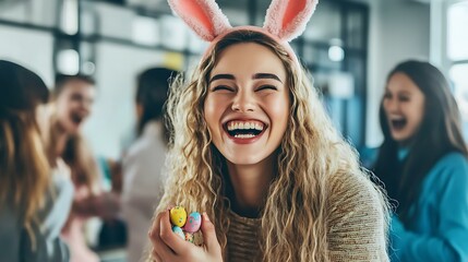 A cheerful woman in bunny ears holding a handful of Easter candy while laughing with coworkers