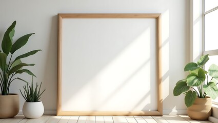 Wooden Canvas Mockup in Minimalist Room Interior with Plants – Natural Wall Art Display Template