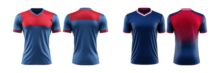 Blue and red jersey template for team clubs, jersey sport, front and back isolated on a transparent background, cut out, png, T-shirt mockup sports jersey template design