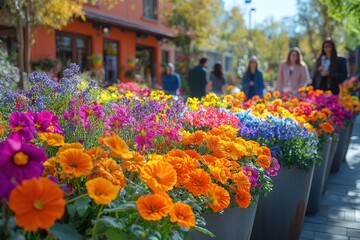 Vibrant flower planters line city street, people walking by