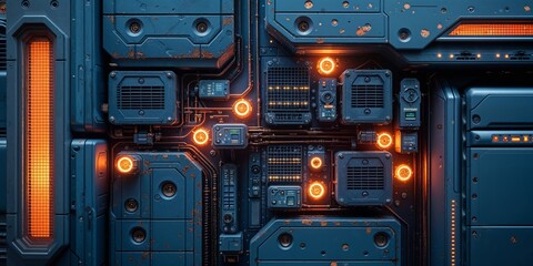 Detailed Sci-Fi Machine Panel with Orange Lights and Intricate Wiring System