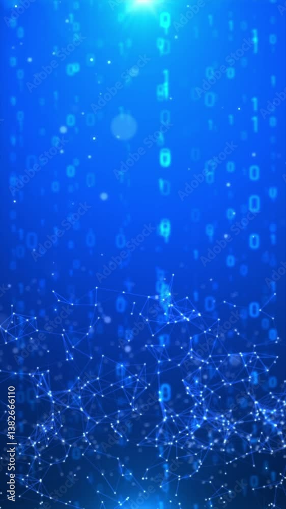 Poster vertical video abstract background digital number 0 1 rain drop matrix grid with dot and line connec