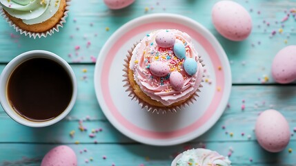A coworking space with professionals enjoying Easter cupcakes and coffee