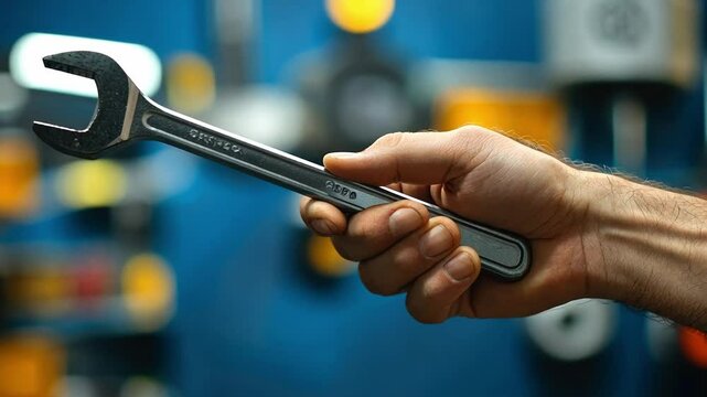 Close-Up of a Skilled Hand Holding a Silver Wrench in a Tool Workshop Surrounded by Various Tools and Equipment for Mechanical Repairs and Maintenance