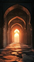 Fototapeta premium Arched hallway with light at the end dark stone walls