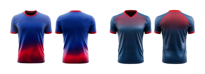 Blue and red jersey template for team clubs, jersey sport, front and back isolated on a transparent background, cut out, png, T-shirt mockup sports jersey template design