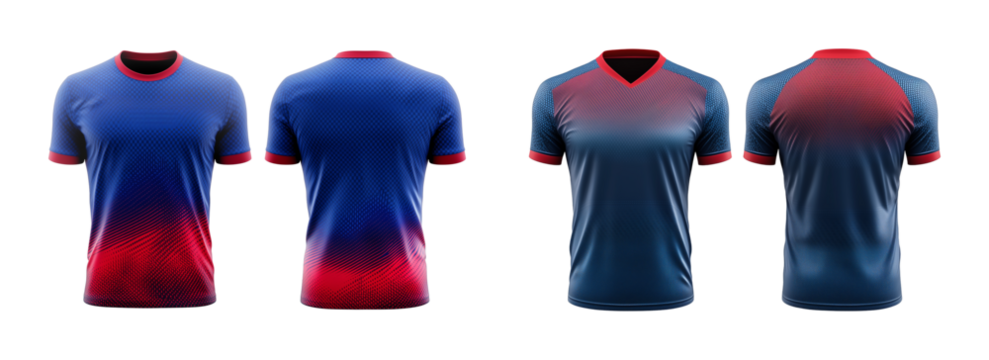 Blue and red jersey template for team clubs, jersey sport, front and back isolated on a transparent background, cut out, png, T-shirt mockup sports jersey template design