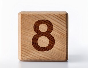 Minimalist photo of a wooden block with the number 8  against a white background