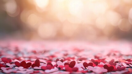 Scattered heart shapes for romantic card, backdrop blurred, love concept