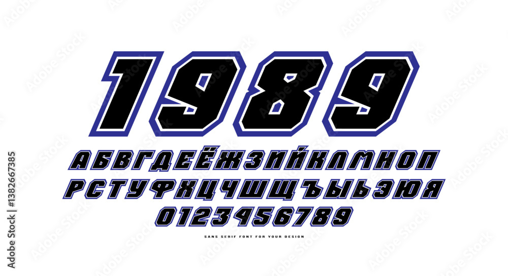 Fototapete italic bold face cyrillic sans serif font in the sport style. letters and numbers with contour for l