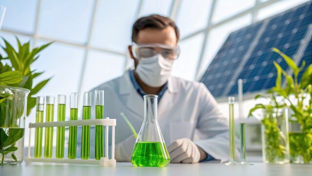 A scientist in a lab coat conducts an experiment with green liquids amid plants and solar panels, highlighting eco-friendly research.