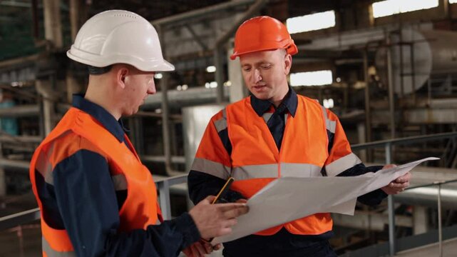 Site planning, Reviewing drawings, Inspecting diagrams. Technical plans are being dissected by engineer and construction worker in factory.