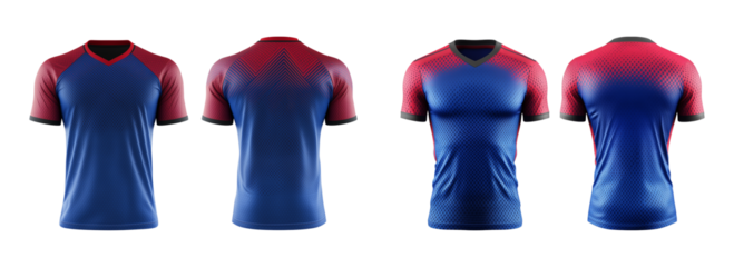 Blue and red jersey template for team clubs, jersey sport, front and back isolated on a transparent background, cut out, png, T-shirt mockup sports jersey template design