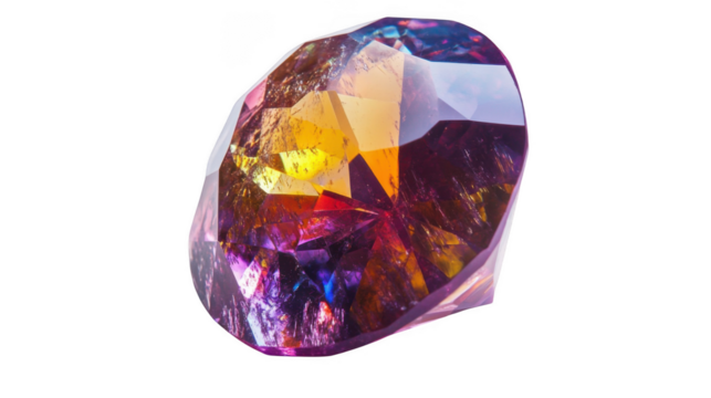 Close up shot of a multifaceted gemstone displaying a range of colors against a black background