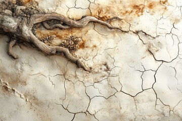 Dried tree roots intertwine on a cracked, parched earth surface, evoking themes of resilience and aridity.