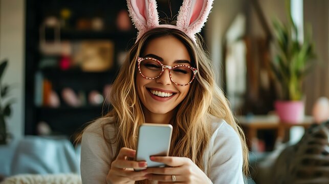 A smiling woman in bunny ears checking her phone while enjoying an Easter-themed break