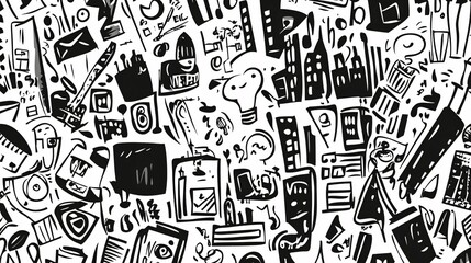 A chaotic and busy black and white abstract doodle composition