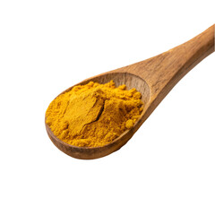 Turmeric powder in wooden spoon isolated on transparent background