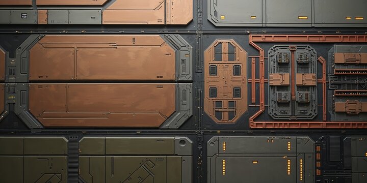 Intricate metal panel texture with futuristic industrial design elements and detail work