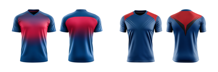 Blue and red jersey template for team clubs, jersey sport, front and back isolated on a transparent background, cut out, png, T-shirt mockup sports jersey template design