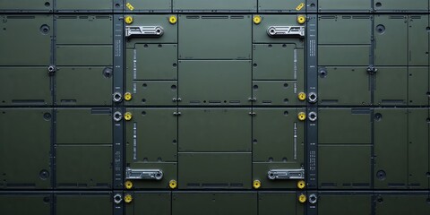 Dark military green metal panels with intricate details for advanced technology themes