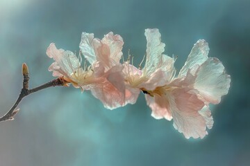 Delicate peach blossom in bloom, showcasing its intricate details and soft pastel hues against a muted background.