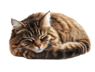 Fototapeta premium Fluffy tabby cat curled up resting position isolated on a white background Transparent PNG 