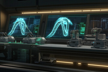 Obraz premium Futuristic gene-editing laboratory featuring advanced holograms and cutting-edge technology for genetic research