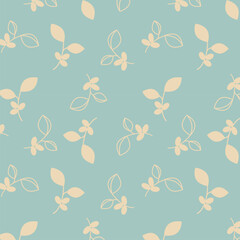 Blue pattern with coffee beans and branches with coffee fruits. Pastel colors. Textile.
