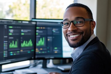 A smiling Black businessman sits at his desk, reviewing data on two computer monitors.