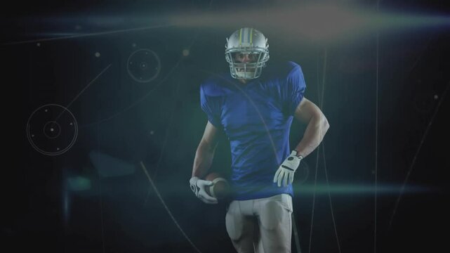 In animation, American football player holding ball wearing blue uniform