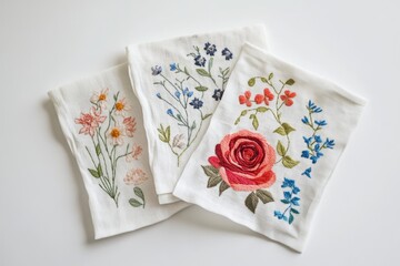 Three hand-embroidered cloths showcase delicate floral designs, featuring roses, wildflowers, and pastel color palettes.