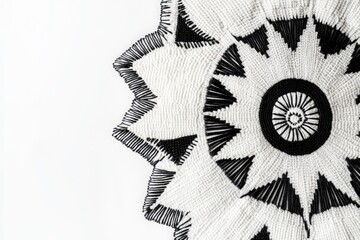 A striking monochrome textile art piece featuring a circular, starburst pattern woven with black and white threads.