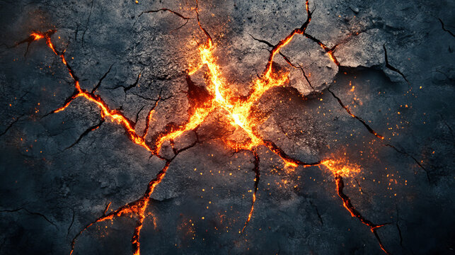 Ground cracks with hot molten magma. Lava and fire in breaks on land surface, fissures in ground from volcano or earthquake isolated on transparent background, vector realistic set