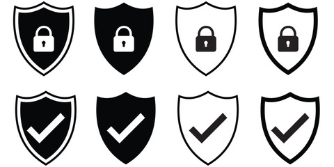 A set of minimalist security shield icons featuring check marks  of vector illustration  